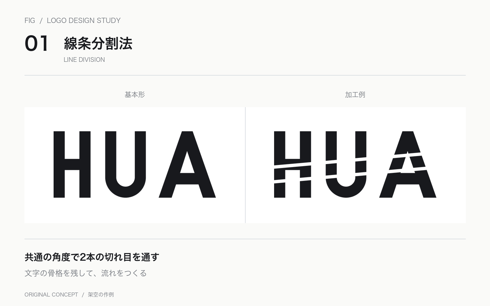 HUAの太字と、斜めの白い切れ目を2本加えた文字ロゴの比較